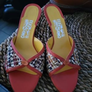 Women's sz 7.5 Salvatore Ferragamo Yellow & ORANGE PEEP TOE SANDAL/HEELS SHOES